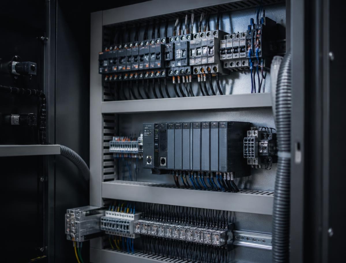 Quadro elétrico com disjuntores, borneiras e cabeamento organizado e identificado
